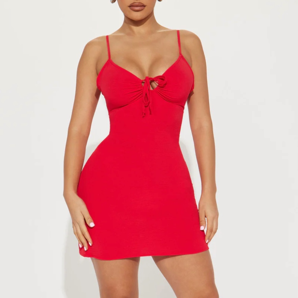 Bright Red Open Backless String Tie Dress Spaghetti Strap Low Neckline Summer